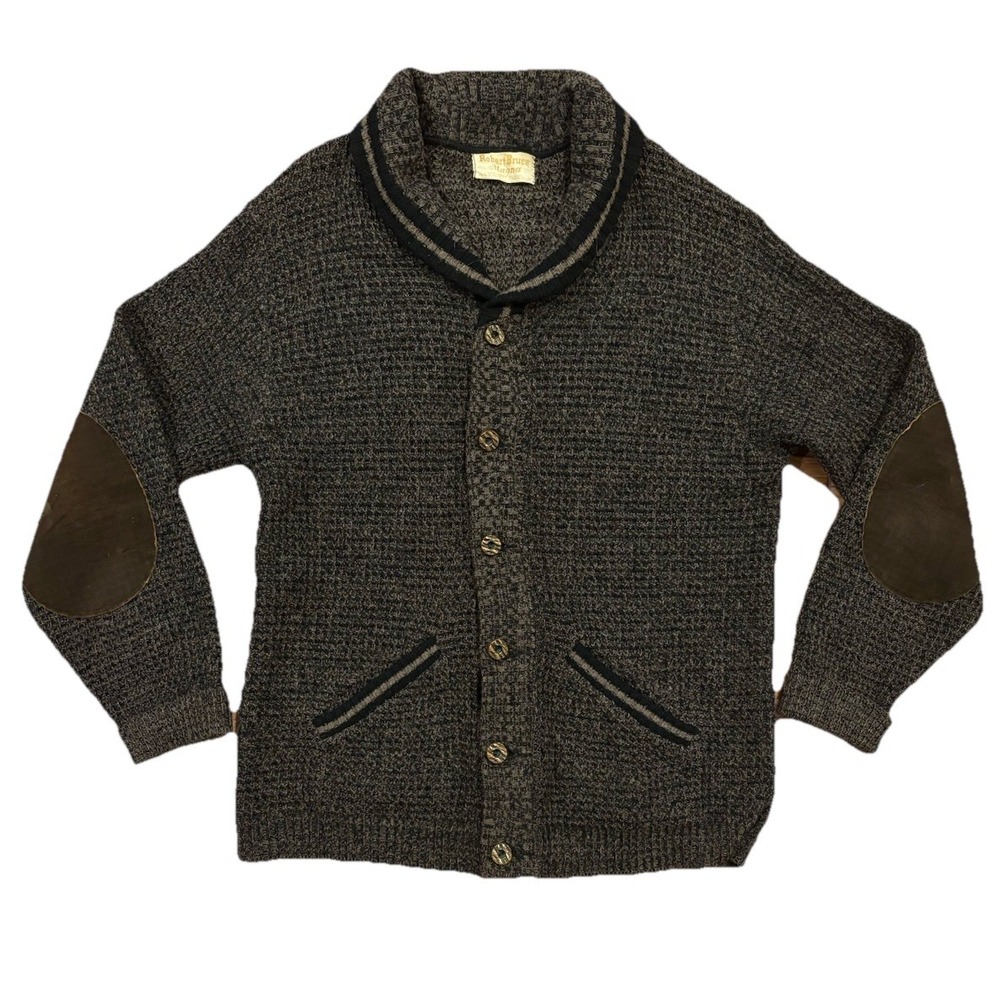 Vtg Robert Bruce Magna Shawl Neck Cardigan Sweater Leather Elbow Wool Alpaca M
